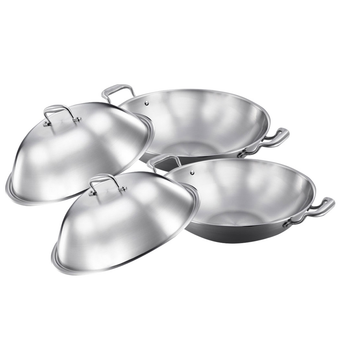 2X 3-Ply 38cm Stainless Steel Double Handle Wok Frying Fry Pan Skillet with Lid image
