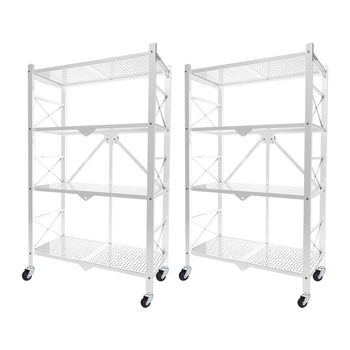 2X 4 Tier Steel White Foldable Display Stand Multi-Functional Shelves Portable Storage Organizer with Wheels image
