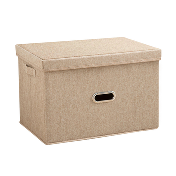 Beige Medium Foldable Canvas Storage Box Cube Clothes Basket Organiser Home Decorative Box image