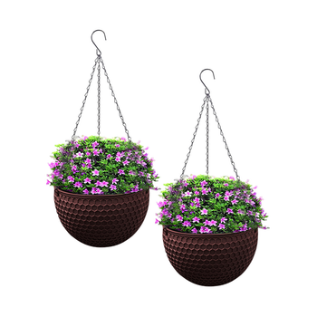 2X Coffee Small Hanging Resin Flower Pot Self Watering Basket Planter Outdoor Garden Decor image