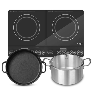 Dual Burners Cooktop Stove, 30cm Cast Iron Frying Pan Skillet and 30cm Induction Casserole image