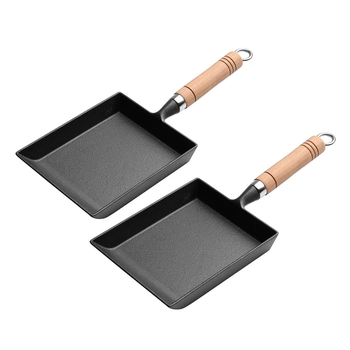 2X Cast Iron Tamagoyaki Japanese Omelette Egg Frying Skillet Fry Pan Wooden Handle image