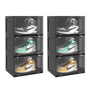2X 3 Tier Black Portable Shoe Organiser Sneaker Footwear Folding Plastic Bin Stackable Storage Box with Magnetic Door image