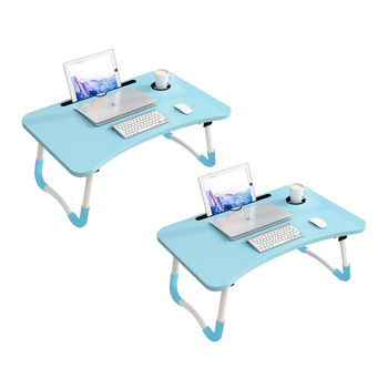 2X Blue Portable Bed Table Adjustable Foldable Bed Sofa Study Table Laptop Mini Desk with Notebook Stand Cup Slot Home Decor image
