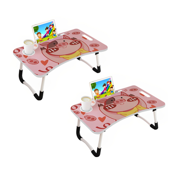 2X Cute Pig Design Portable Bed Table Adjustable Foldable Bed Sofa Study Table Laptop Mini Desk with Drawer and Cup Slot Home Decor image