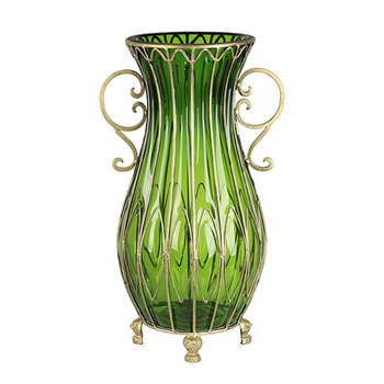 51cm Green Glass Oval Floor Vase with Metal Flower Stand image