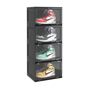 4 Tier Black Portable Shoe Organiser Sneaker Footwear Folding Plastic Bin Stackable Storage Box with Magnetic Door image