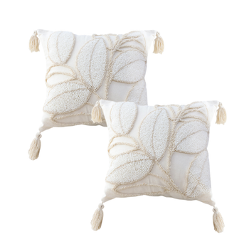 2X 45cm Wabi-sabi Cream Flower Cover & Beige Velvet Leaf Ring Square Throw Pillow image