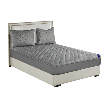 Grey 153cm Wide Cross-Hatch Mattress Cover Thick Quilted Stretchable Bed Spread Sheet Protector with Pillow Covers image