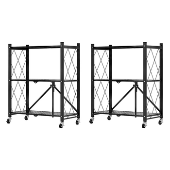 2X 3 Tier Steel Black Foldable Kitchen Cart Multi-Functional Shelves Portable Storage Organizer with Wheels image
