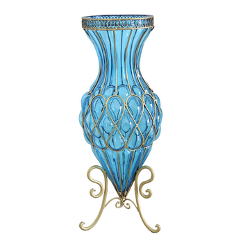 67cm Blue Glass Tall Floor Vase with Metal Flower Stand image