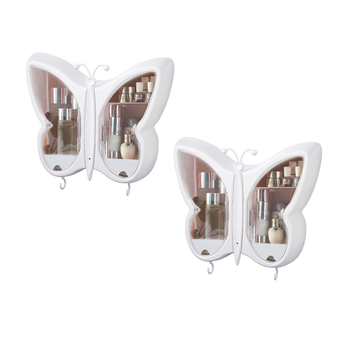 2X White Butterfly Shape Wall-Mounted Makeup Organiser Dustproof Waterproof Bathroom Storage Box Home Decor image