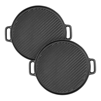 2X 30cm Round Cast Iron Ribbed BBQ Pan Skillet Steak Sizzle Platter with Handle image