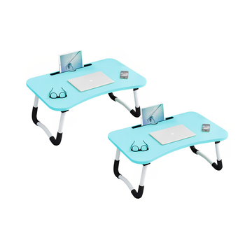 2X Blue Portable Bed Table Adjustable Foldable Bed Sofa Study Table Laptop Mini Desk with Notebook Stand Card Slot Holder Home Decor image
