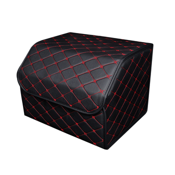 Leather Car Boot Collapsible Foldable Trunk Cargo Organizer Portable Storage Box Black/Red Stitch Medium image