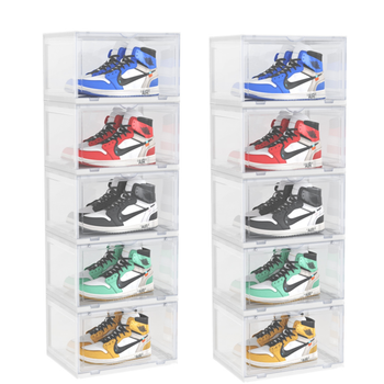 2X 5 Tier Transparent Portable Shoe Organiser Sneaker Footwear Folding Plastic Bin Stackable Storage Box with Magnetic Door image
