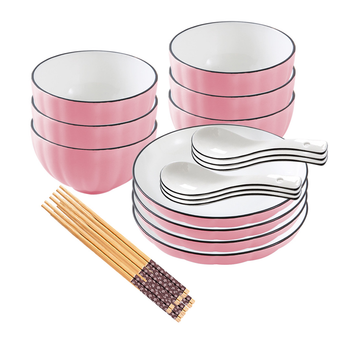 Pink Japanese Style Ceramic Dinnerware Crockery Soup Bowl Plate Server Kitchen Home Decor Set of 10 image