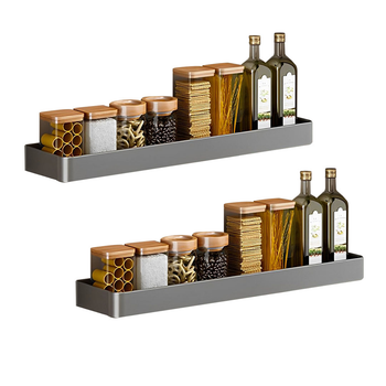 2X 42cm Black Wall-Mounted Rectangular Kitchen Spice Storage Organiser Space Saving Condiments Shelf Rack image