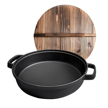 29cm Round Cast Iron Pre-seasoned Deep Baking Pizza Frying Pan Skillet with Wooden Lid image