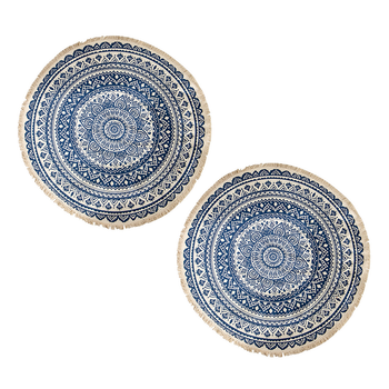 2X Dark Blue Carpet Soft Linen Bohemian Non-Slip Floor Retro Minimalist Round Rug Home Decor with Tassels image