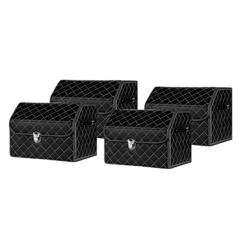 4X Leather Car Boot Collapsible Foldable Trunk Cargo Organizer Portable Storage Box Black/White Stitch with Lock Small image