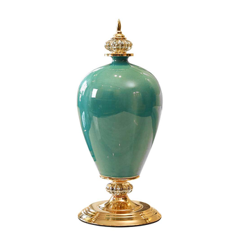 42.50cm Ceramic Oval Flower Vase with Gold Metal Base Green image