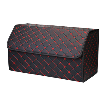 Leather Car Boot Collapsible Foldable Trunk Cargo Organizer Portable Storage Box Black/Red Stitch Large image