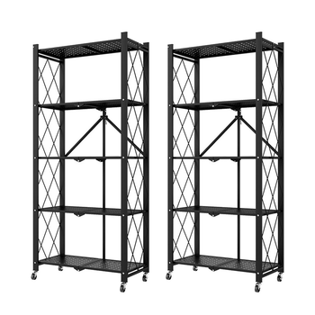 2X 5 Tier Steel Black Foldable Kitchen Cart Multi-Functional Shelves Portable Storage Organizer with Wheels image