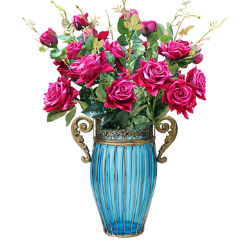 Blue Colored Glass Flower Vase with 8 Bunch 5 Heads Artificial Fake Silk Rose Home Decor Set image