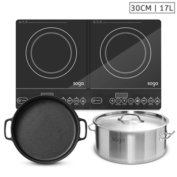 Dual Burners Cooktop Stove, 30cm Cast Iron Skillet and 17L Stainless Steel Stockpot image