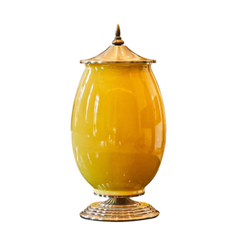 40.5cm Ceramic Oval Flower Vase with Gold Metal Base Yellow image