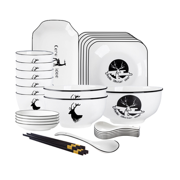 White Antler Printed Ceramic Dinnerware Set Crockery Soup Bowl Plate Server Kitchen Home Decor Set of 20 image