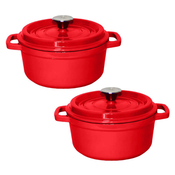 2X Cast Iron 26cm Enamel Porcelain Stewpot Casserole Stew Cooking Pot With Lid Red image