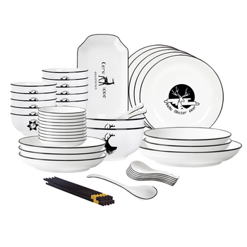 White Antler Printed Ceramic Dinnerware Set Crockery Soup Bowl Plate Server Kitchen Home Decor Set of 34 image