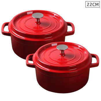 2X Cast Iron 22cm Enamel Porcelain Stewpot Casserole Stew Cooking Pot With Lid Red image