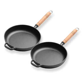 2X 27cm Round Cast Iron Frying Pan Skillet Steak Sizzle Platter with Helper Handle image