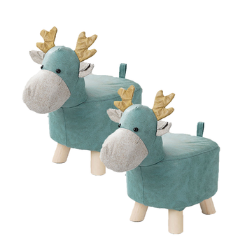 2X Green Children Bench Deer Character Round Ottoman Stool Soft Small Comfy Seat Home Decor image