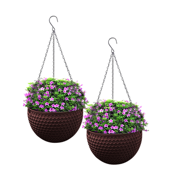 2X Coffee Medium Hanging Resin Flower Pot Self Watering Basket Planter Outdoor Garden Decor image