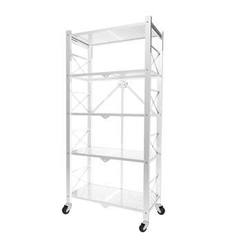 5 Tier Steel White Foldable Display Stand Multi-Functional Shelves Portable Storage Organizer with Wheels image