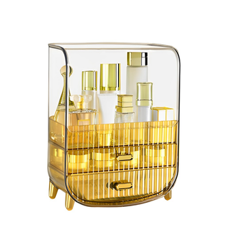 3 Tier Golden Yellow Multifunctional Countertop Cosmetic Storage Makeup Perfume Skincare Display Stand Shelf Drawer Type Organiser image