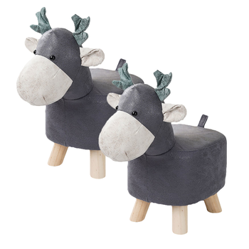 2X Grey Children Bench Deer Character Round Ottoman Stool Soft Small Comfy Seat Home Decor image