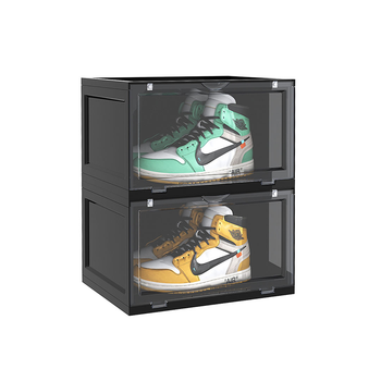 2 Tier Black Portable Shoe Organiser Sneaker Footwear Folding Plastic Bin Stackable Storage Box with Magnetic Door image