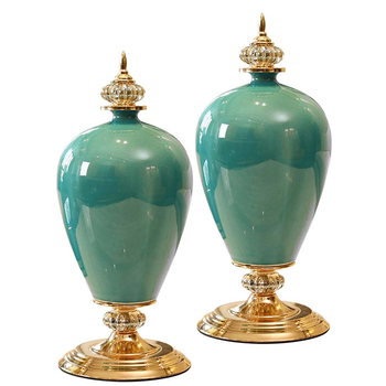 2X 42cm Ceramic Oval Flower Vase with Gold Metal Base Green image