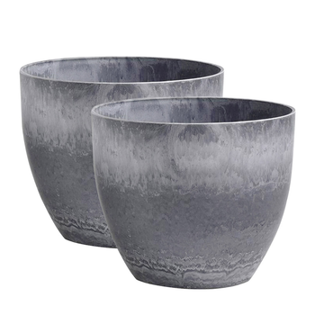 2X 27cm Weathered Grey Round Resin Plant Flower Pot in Cement Pattern Planter Cachepot for Indoor Home Office image