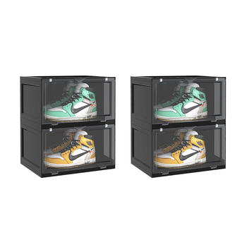 2X 2 Tier Black Portable Shoe Organiser Sneaker Footwear Folding Plastic Bin Stackable Storage Box with Magnetic Door image