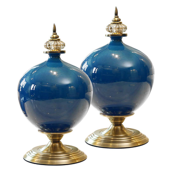 2X 38cm Ceramic Oval Flower Vase with Gold Metal Base Dark Blue image