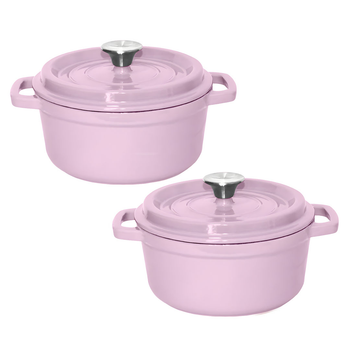 2X 26cm Pink Cast Iron Ceramic Stewpot Casserole Stew Cooking Pot With Lid image