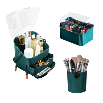 Green Cosmetic Jewelry Storage Organiser Set Makeup Brush Lipstick Skincare Holder Jewelry Storage Box with Handle image