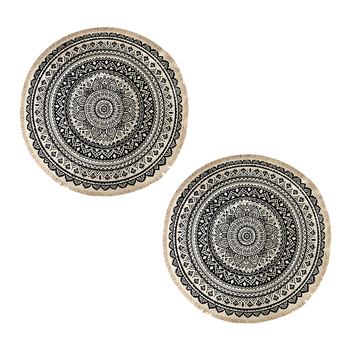 2X Black Carpet Soft Linen Bohemian Non-Slip Floor Retro Minimalist Round Rug Home Decor with Tassels image