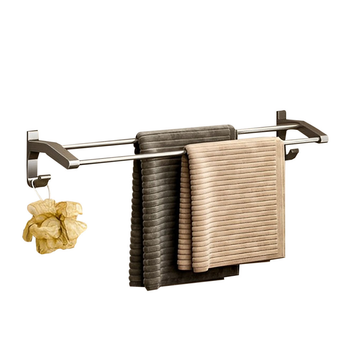 62cm Gray Wall-Mounted Double Pole Towel Holder Bathroom Organiser Rail Hanger with Hooks image